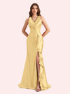 Sexy V-neck Mermaid Side Slit Soft Satin Long Bridesmaid Dress For Wedding Online For Sale