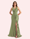 Sexy V-neck Mermaid Side Slit Soft Satin Long Bridesmaid Dress For Wedding Online For Sale