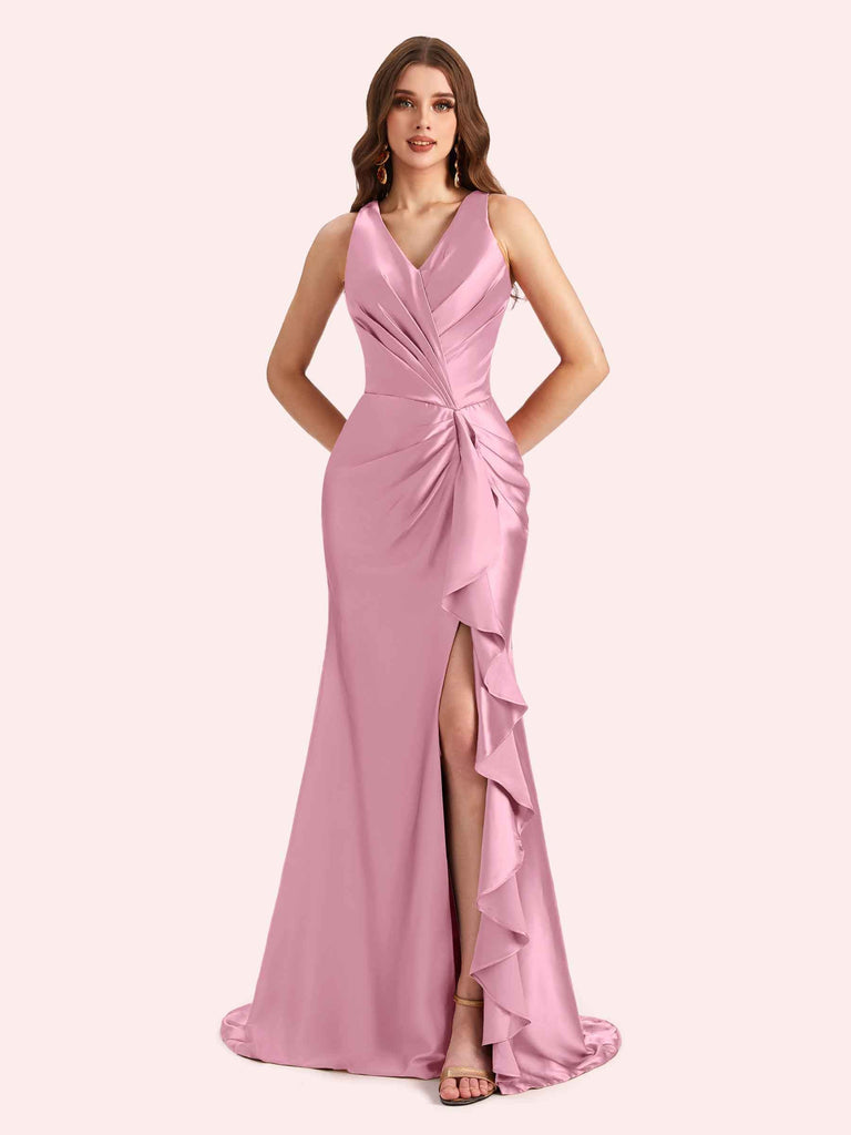 Sexy V-neck Mermaid Side Slit Soft Satin Long Bridesmaid Dress For Wedding Online For Sale