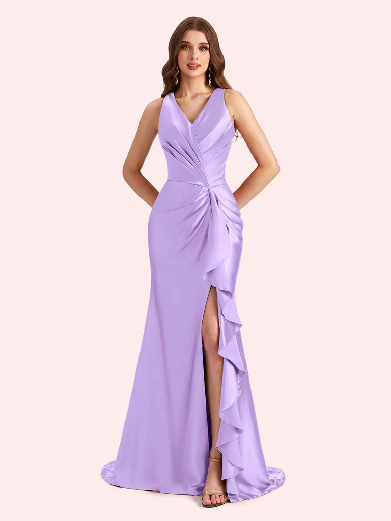 Sexy V-neck Mermaid Side Slit Soft Satin Long Bridesmaid Dress For Wedding Online For Sale