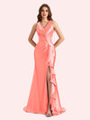 Sexy V-neck Mermaid Side Slit Soft Satin Long Bridesmaid Dress For Wedding Online For Sale