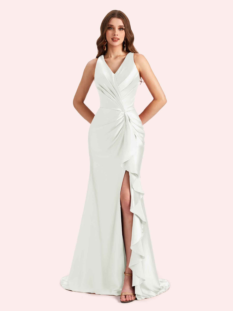 Sexy V-neck Mermaid Side Slit Soft Satin Long Bridesmaid Dress For Wedding Online For Sale