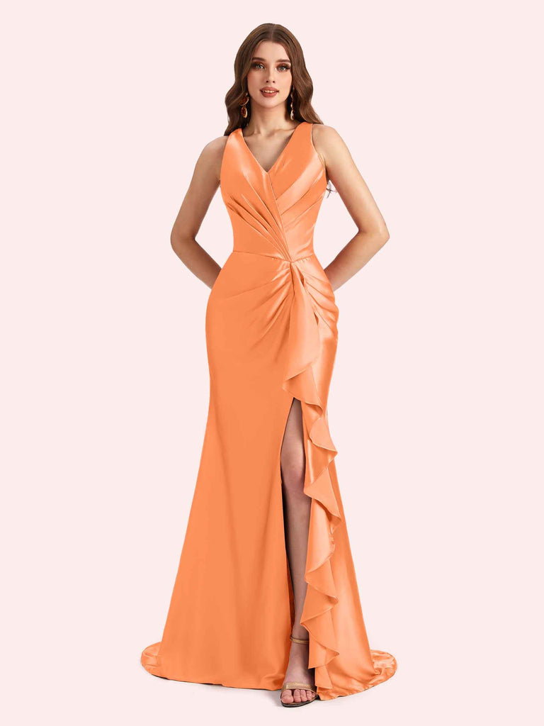 Sexy V-neck Mermaid Side Slit Soft Satin Long Bridesmaid Dress For Wedding Online For Sale