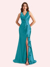 Sexy V-neck Mermaid Side Slit Soft Satin Long Bridesmaid Dress For Wedding Online For Sale