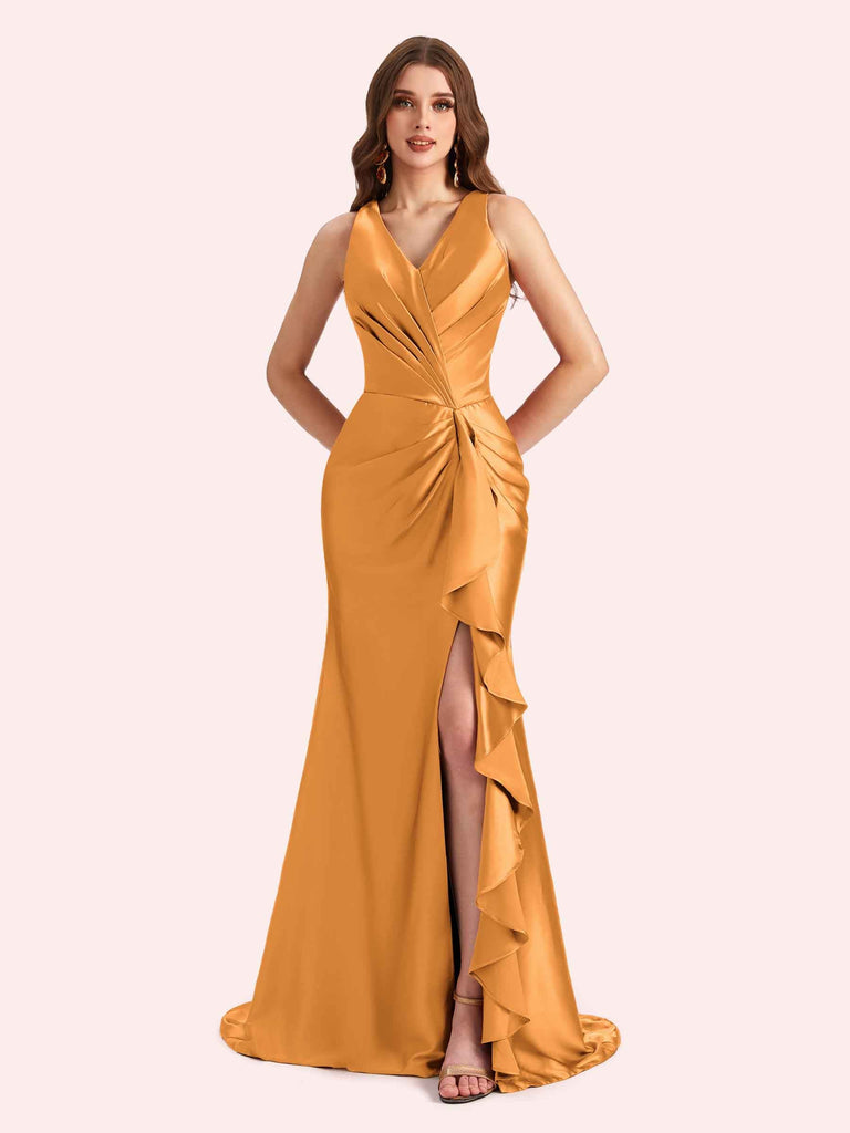 Sexy V-neck Mermaid Side Slit Soft Satin Long Bridesmaid Dress For Wedding Online For Sale