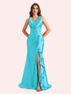 Sexy V-neck Mermaid Side Slit Soft Satin Long Bridesmaid Dress For Wedding Online For Sale