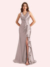 Sexy V-neck Mermaid Side Slit Soft Satin Long Bridesmaid Dress For Wedding Online For Sale