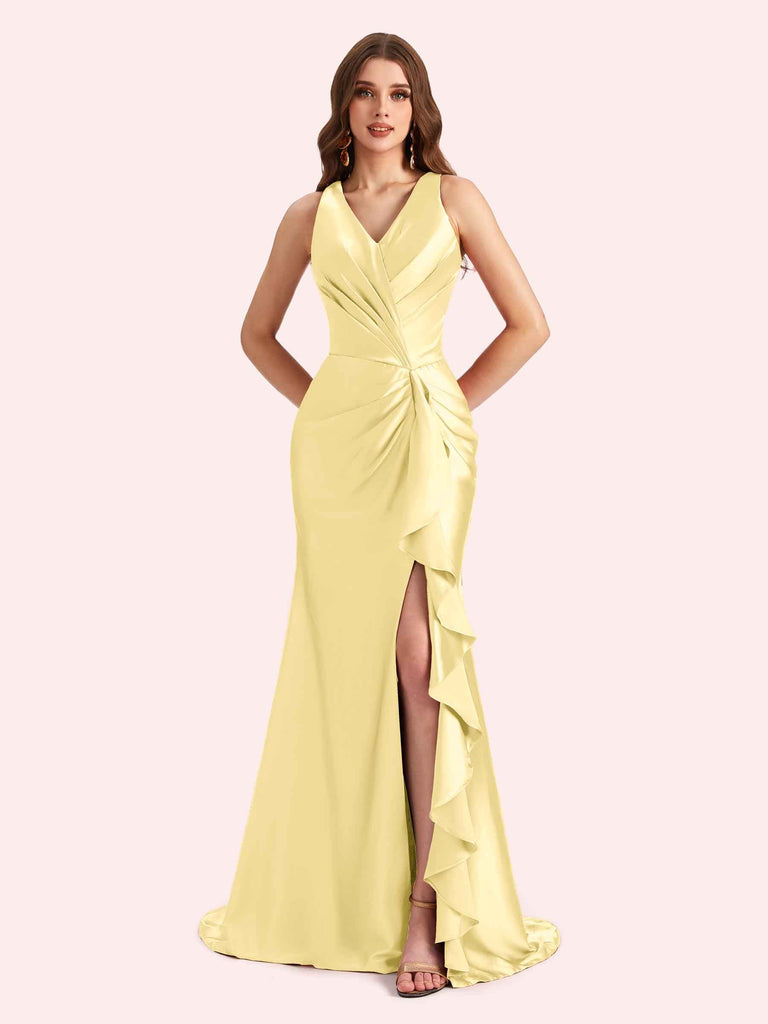 Sexy V-neck Mermaid Side Slit Soft Satin Long Bridesmaid Dress For Wedding Online For Sale