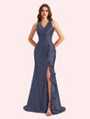 Sexy V-neck Mermaid Side Slit Soft Satin Long Bridesmaid Dress For Wedding Online For Sale