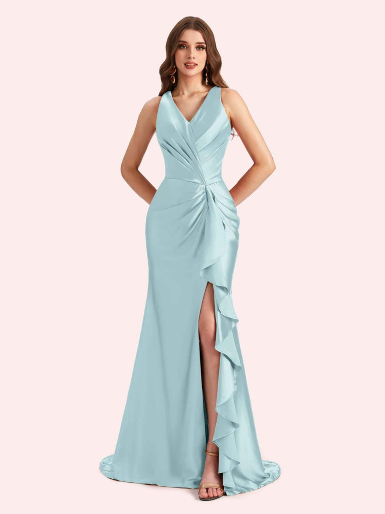 Sexy V-neck Mermaid Side Slit Soft Satin Long Bridesmaid Dress For Wedding Online For Sale