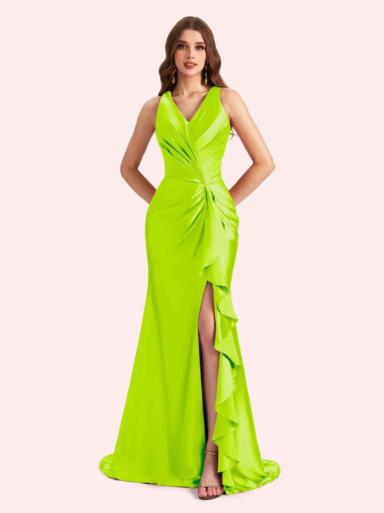 Sexy V-neck Mermaid Side Slit Soft Satin Long Bridesmaid Dress For Wedding Online For Sale