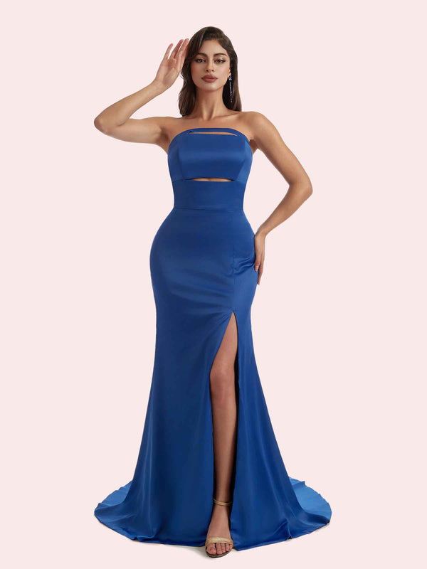 Simple Mermaid Pleats Side Slit Strapless Soft Satin Long Bridesmaid Dress For Wedding