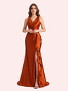 Sexy V-neck Mermaid Side Slit Soft Satin Long Bridesmaid Dress For Wedding Online For Sale