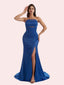 Simple Mermaid Pleats Side Slit Strapless Soft Satin Long Bridesmaid Dress For Wedding