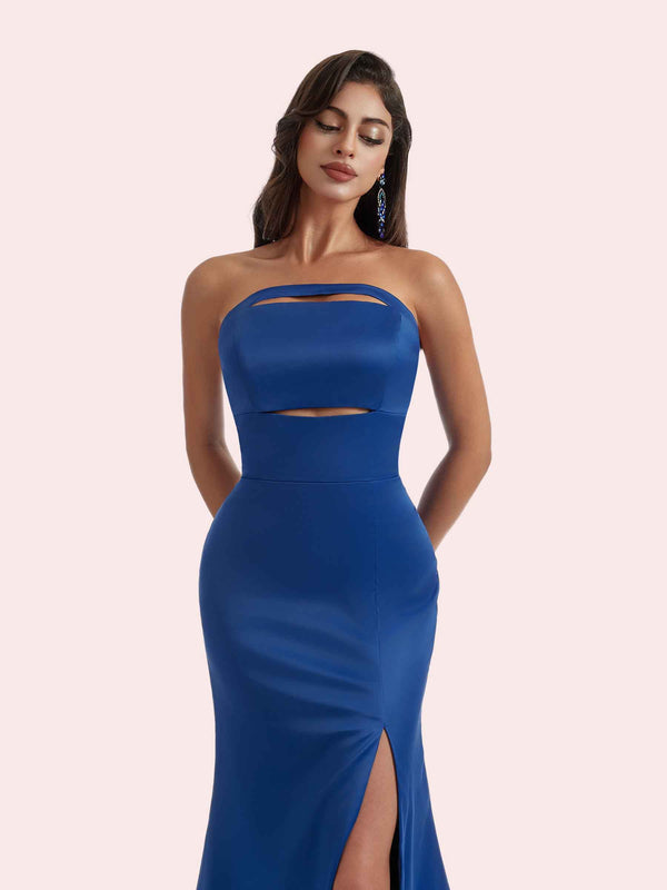 Simple Mermaid Pleats Side Slit Strapless Soft Satin Long Bridesmaid Dress For Wedding