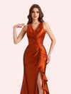 Sexy V-neck Mermaid Side Slit Soft Satin Long Bridesmaid Dress For Wedding Online For Sale