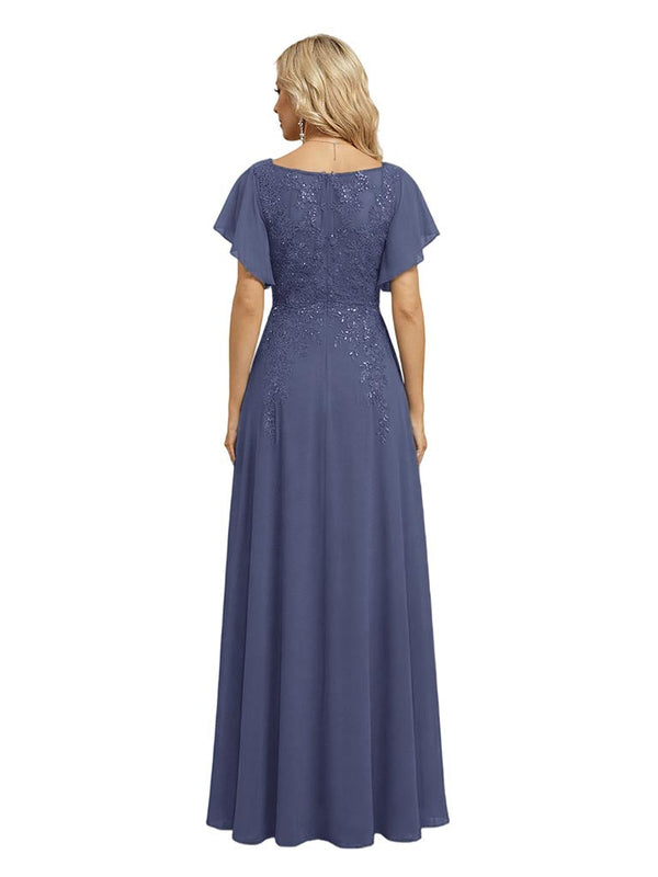 Elegant Short Sleeves Lace Applique Chiffon A-Line Mother Of The Bride Dresses