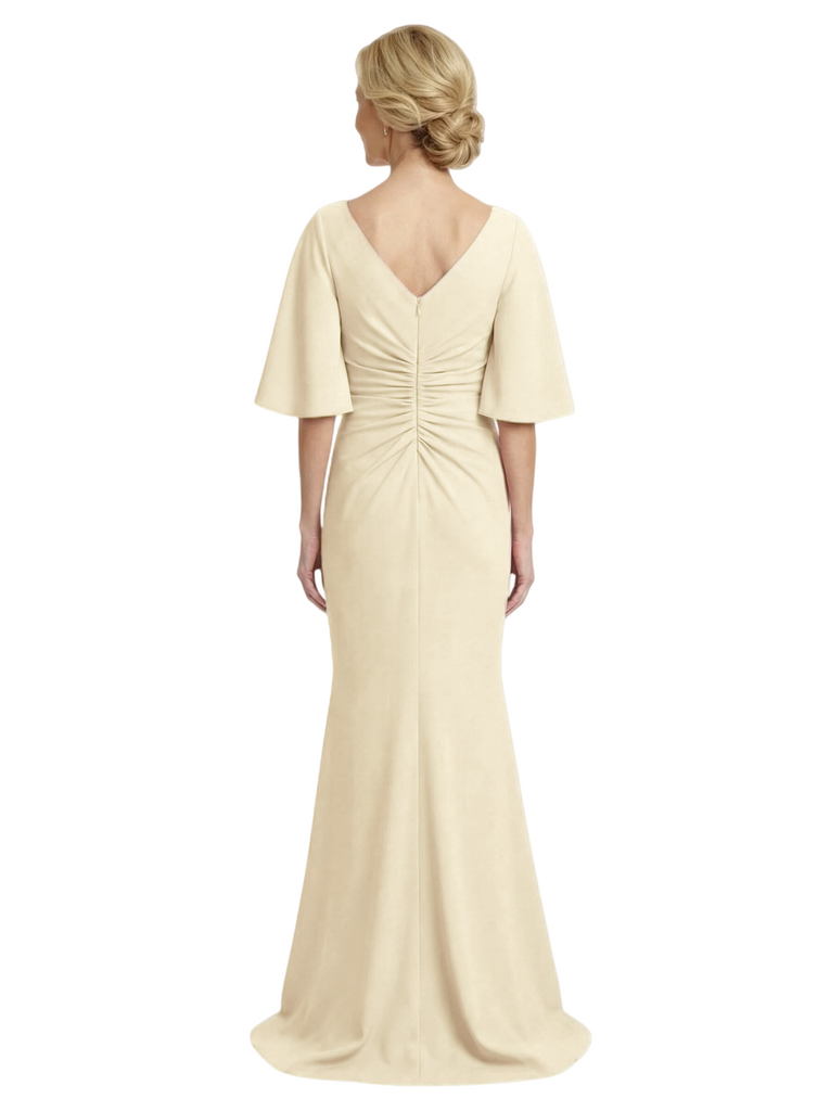 Elegant Flutter Sleeve V-Neck Crepe Mermaid Mother of the Brides Dresses Slit