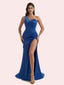 Simple Mermaid Pleats Side Slit One Shoulder Soft Satin Long Bridesmaid Dress For Wedding