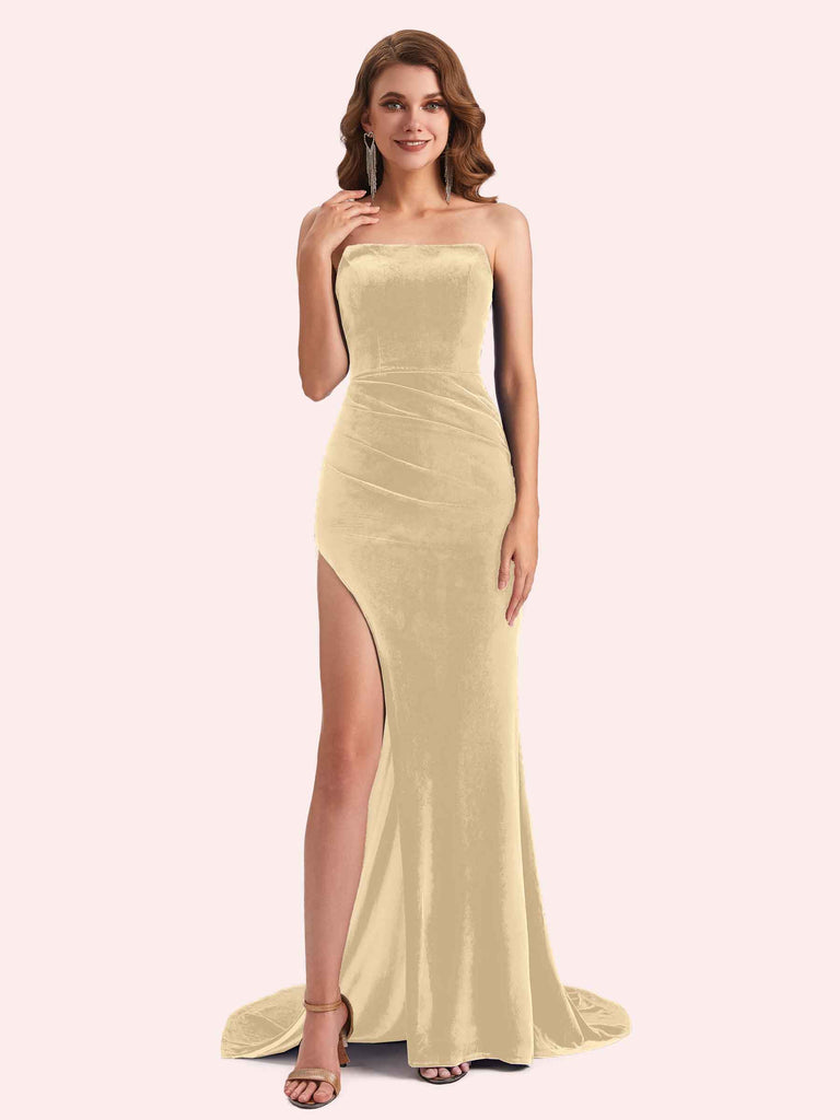 Elegant Straight Neck Sleeveless Long Mermaid Velvet Bridesmaid Dresses Online Elegant Straight Neck Sleeveless Long Mermaid Velvet Bridesmaid Dresses Online