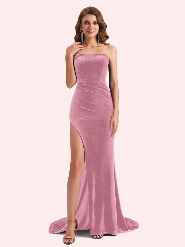Elegant Straight Neck Sleeveless Long Mermaid Velvet Bridesmaid Dresses Online Elegant Straight Neck Sleeveless Long Mermaid Velvet Bridesmaid Dresses Online