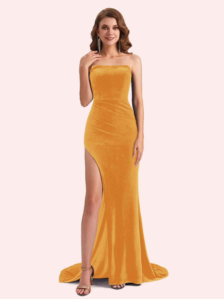 Elegant Straight Neck Sleeveless Long Mermaid Velvet Bridesmaid Dresses Online Elegant Straight Neck Sleeveless Long Mermaid Velvet Bridesmaid Dresses Online