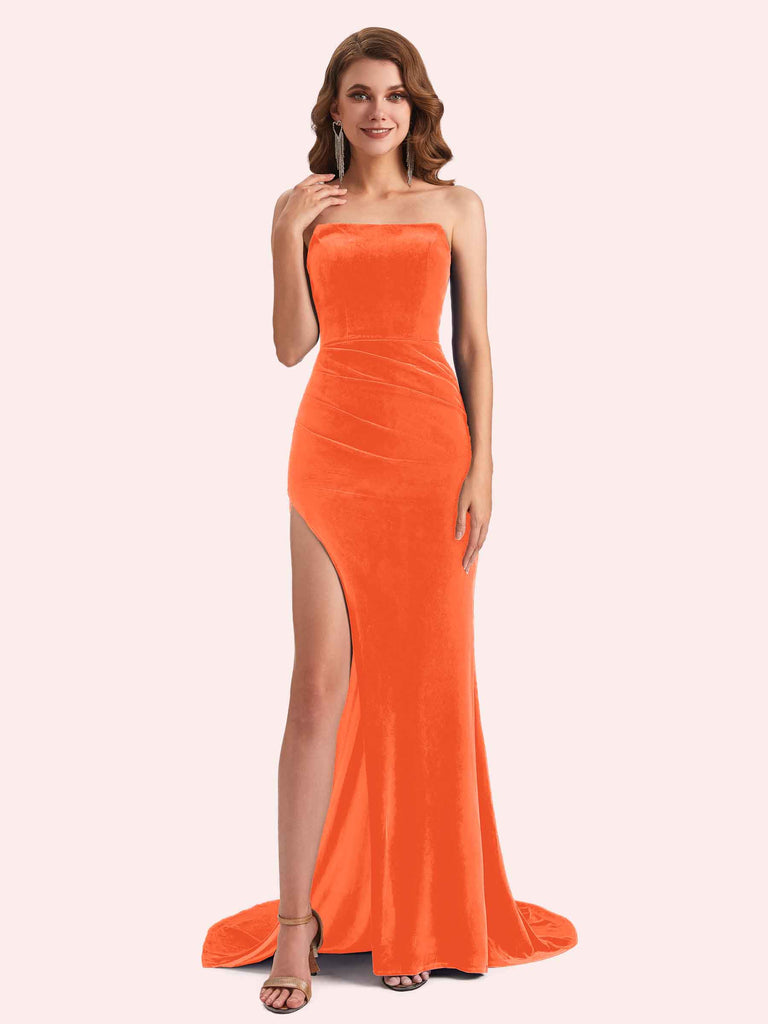 Elegant Straight Neck Sleeveless Long Mermaid Velvet Bridesmaid Dresses Online Elegant Straight Neck Sleeveless Long Mermaid Velvet Bridesmaid Dresses Online