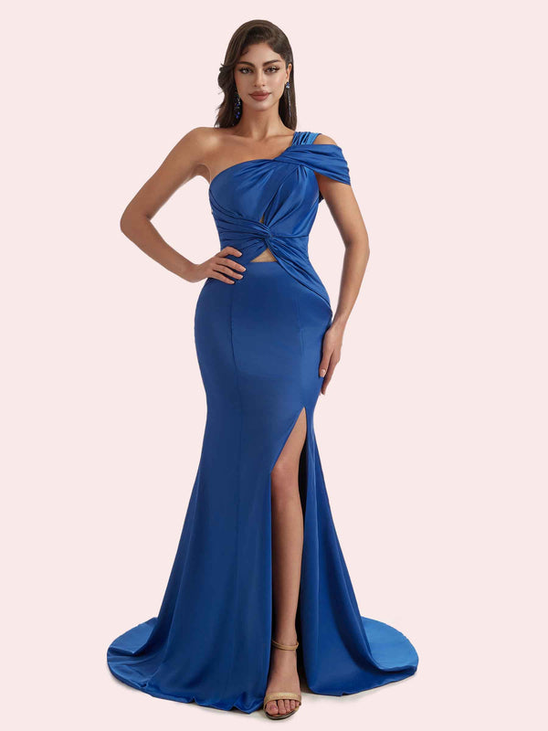 Elegant Mermaid Pleats Side Slit One Shoulder Soft Satin Long Bridesmaid Dress For Wedding