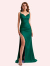 Simple V-neck Mermaid Spaghetti Straps Side Slit Soft Satin Long Matron of Honor Dress For Wedding