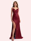 Simple V-neck Mermaid Spaghetti Straps Side Slit Soft Satin Long Matron of Honor Dress For Wedding