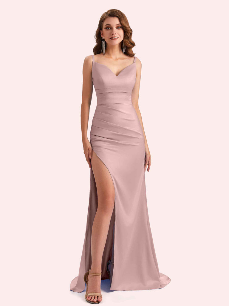 Simple V-neck Mermaid Spaghetti Straps Side Slit Soft Satin Long Matron of Honor Dress For Wedding