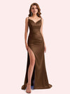 Simple V-neck Mermaid Spaghetti Straps Side Slit Soft Satin Long Matron of Honor Dress For Wedding