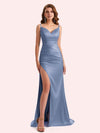Simple V-neck Mermaid Spaghetti Straps Side Slit Soft Satin Long Matron of Honor Dress For Wedding