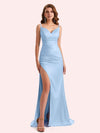 Simple V-neck Mermaid Spaghetti Straps Side Slit Soft Satin Long Matron of Honor Dress For Wedding