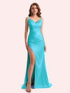 Simple V-neck Mermaid Spaghetti Straps Side Slit Soft Satin Long Matron of Honor Dress For Wedding