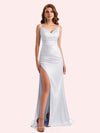 Simple V-neck Mermaid Spaghetti Straps Side Slit Soft Satin Long Matron of Honor Dress For Wedding