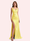 Simple V-neck Mermaid Spaghetti Straps Side Slit Soft Satin Long Matron of Honor Dress For Wedding