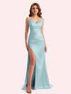 Simple V-neck Mermaid Spaghetti Straps Side Slit Soft Satin Long Matron of Honor Dress For Wedding