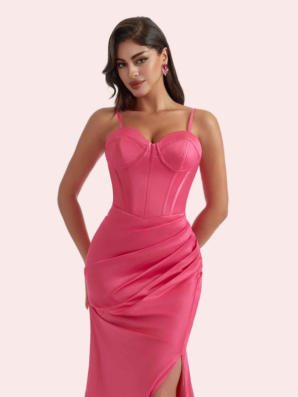 Simple Mermaid Pleats Side Slit Sweetheart Soft Satin Long Bridesmaid Dress For Wedding
