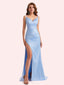 Simple V-neck Mermaid Spaghetti Straps Side Slit Soft Satin Long Matron of Honor Dress For Wedding