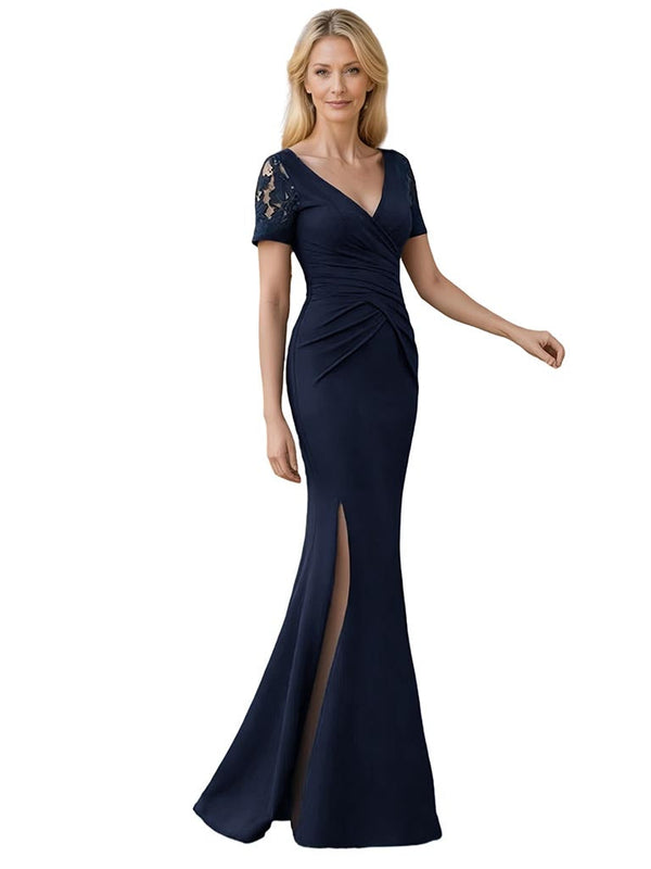 Elegant Short Sleeves V-Neck Mermaid Crepe Long Mother of The Bride and Groom Dresses