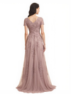 Women's Lace A-Line Short Sleeves Lace Long Mother of The Bride and Groom Dresses