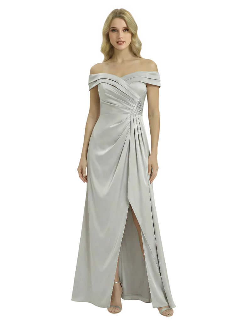 Off The Shoulder Mother Of The Groom Dresses Side Slit Satin Ruched A-Line Gown Off The Shoulder Mother Of The Groom Dresses Side Slit Satin Ruched A-Line Gown