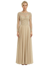 Mother of The Bride Dresses Scoop Long Sleeve Lace Chiffon Maxi Gown Pretty Embroidered Formal Wedding Event Attire
