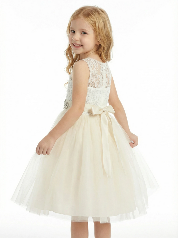 Illusion Lace Flower Girl Dress Sleeveless A-Line Tulle Skirt Tea Length Wedding Dress