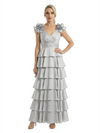 Mother of The Bride Dresses V-Neck Sleeveless Satin Tiered Maxi Gown Unique Flower Detailed Formal Wedding Event Attire