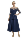 Unique Off Shoulder Tea-Length Satin Mother Of The Bride Dress With Lace Illusion