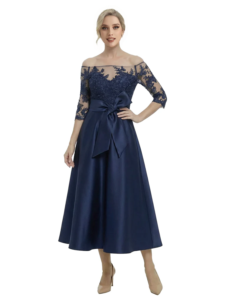 Unique Off Shoulder Tea-Length Satin Mother Of The Bride Dress With Lace Illusion