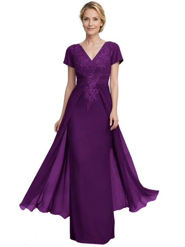 Elegant Chiffon Lace Short Sleeves V-Neck A-Line Mother Of The Bride Dresses