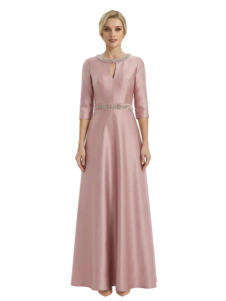 Sophisticated 3/4 Sleeves Beaded A-Line Satin Mother Of The Bride Dress